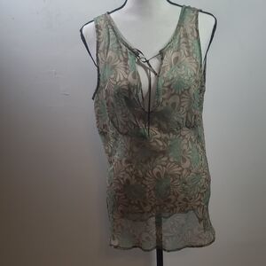 New York & Company Sheer Floral Blouse - Green and Brown